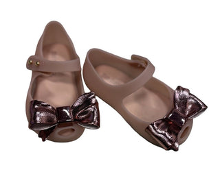 Mini Melissa Dusty Rose Pink Velcro Sandals with Metallic Bows, 5 little kid