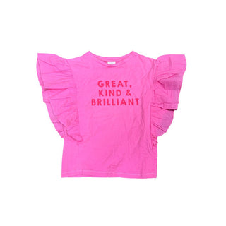 Zara Hot Pink T-Shirt with Great, Kind, & Brilliant with Ruffle Layer over Sleeves, 8 years