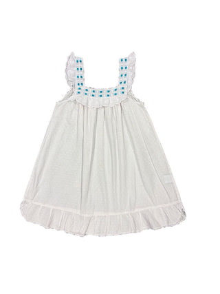 My Little Shop White Eyelet Flutter Sleeve Dress with Teal Ribbon Details, 6 years