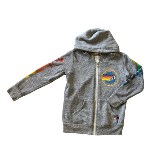Aviator Nation Grey Zip-Up with Logo on Chest and Small Rip on Right Wrist, 8 years