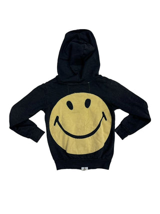 Aviator Nation Black zip-up hooded sweatshirt with smiley face graphics on front and back, 6 years