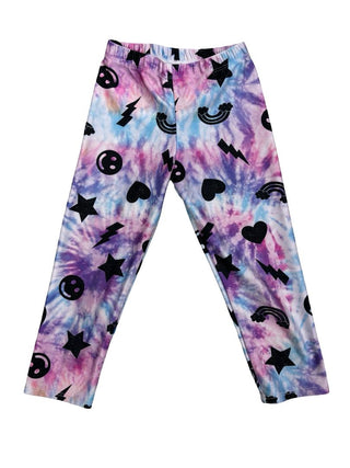 Pixie Lane Purple and Blue Tie Dye Leggings with Black Graphics, 7 years