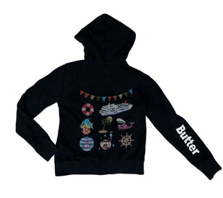 Butter Black Zip Up Hoodie with Beachy Cruise Gems , 8-10 years