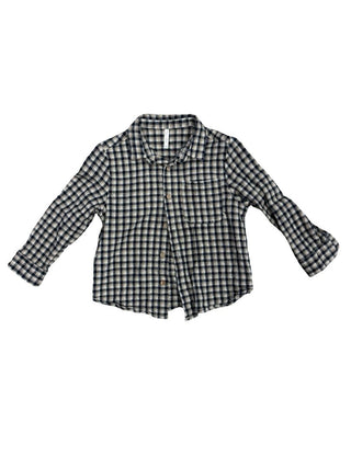 Rylee + Cru Navy and beige button down shirt with wooden buttons, 4-5 years