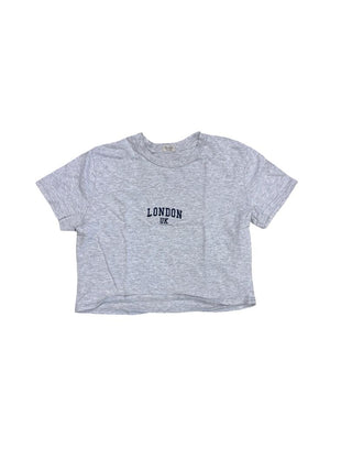 John Galt Marled Grey Crop Top with Navy London Graphic, one size