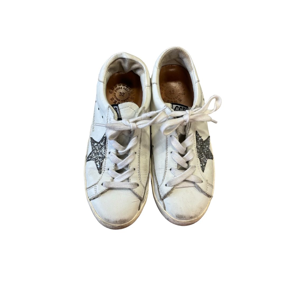 Golden Goose white leather w/sequin star, euro 32 big kid