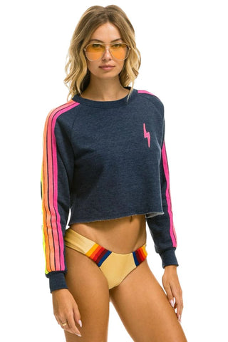 Aviator Nation Bolt Embroidery Classic Cropped Crew Sweatshirt in Heather Navy and Neon Stripes, womens xl