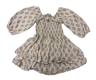 Noralee Cream and Brown Floral Pattern Dress with Ruffles and Smocking, 2 years