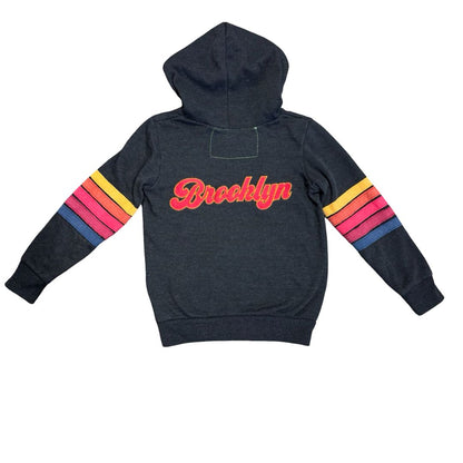 Aviator Nation black w.rainbow stripes Brooklyn sweatshirt, 6 years