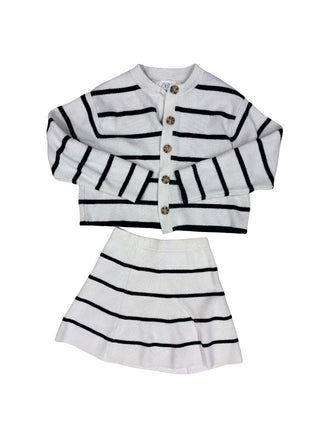 Zara Striped knitted set, cardigan and skirt, white and navy, 9-10 years