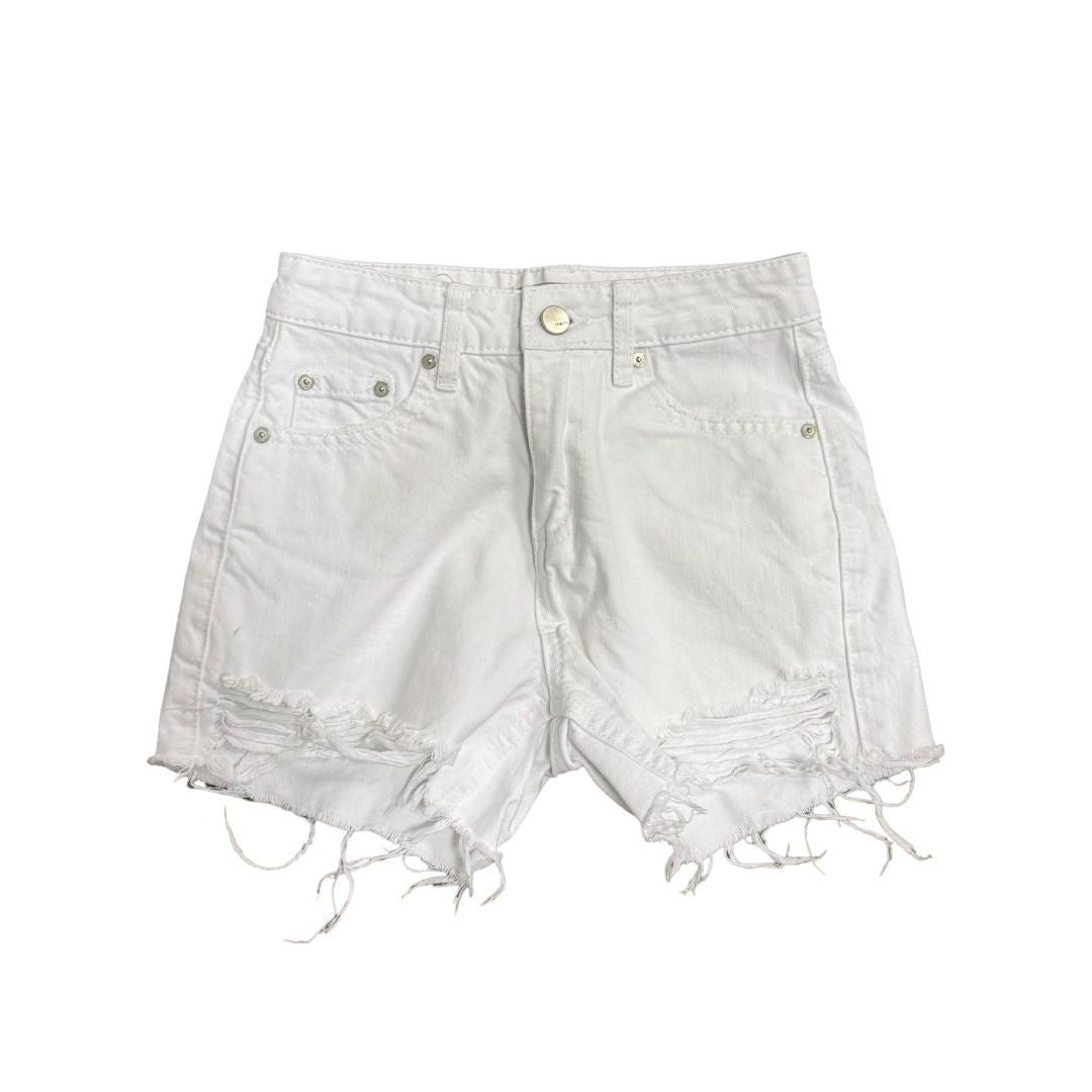 Tractr White High-Rise Denim Shorts with a Frayed Hem and Distressed Details, 8 years