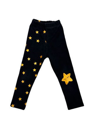 Lola & The Boys Black Leggings with Metallic Star Graphics, Fleece Lined, 2-3 years