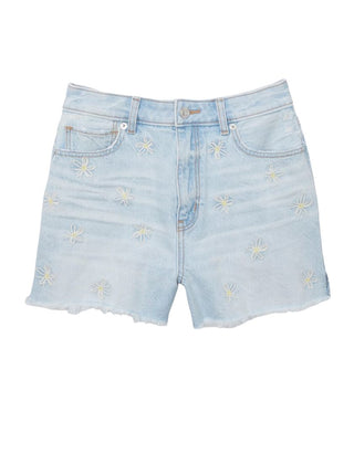 American Eagle Denim Mom Shorts in Light Blue Wash with Daisy Print Embroidery, 000