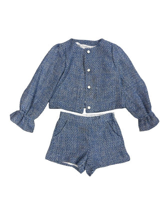 Janie & Jack Blue tweed set with jacket and skirt, white buttons, 7 years