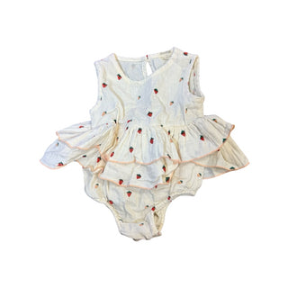 Fin & Vince Cream w/strawberries dress onesie, 6-12 months