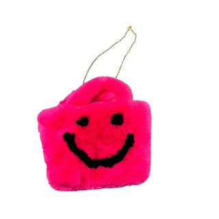 No Name Pink Fuzzy Purse with Black Smiley Face and Gold Shoulder Chain, o/s