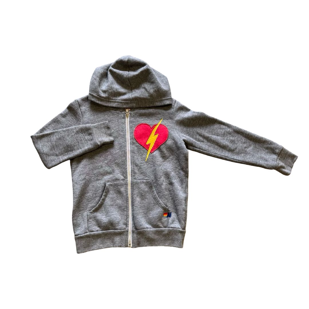 Aviator Nation Grey Zip-Up with Heart and Bolt on Front and Back and small spot on the back, 8 years