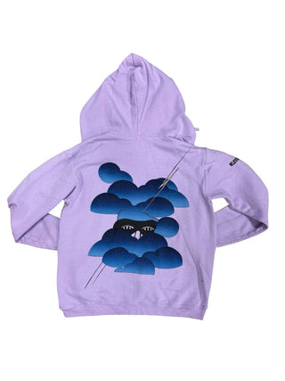 Free City Purple Zip-up Hooded Sweatshirt with Front Pocket and Blue Illustrative Graphics, 2