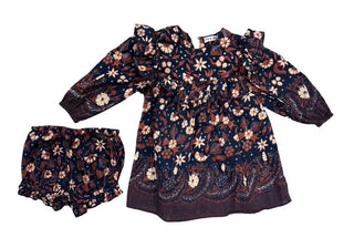 Ulla Johnson Navy and Umber Floral Patterned Dress and Bloomers Set, 12 months