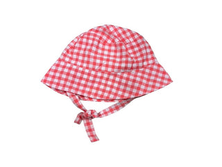 Dot Coral Pink Gingham Bucket Hat With Chin Strap, 12-24 months