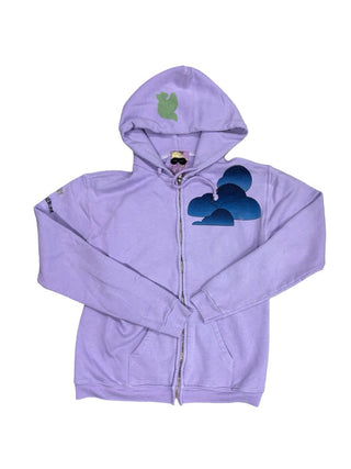 Free City Purple Zip-up Hooded Sweatshirt with Front Pocket and Blue Illustrative Graphics, 2