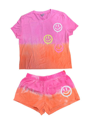 Firehouse Orange and Pink with White Smiley Face T-Shirt and Short Set, xl