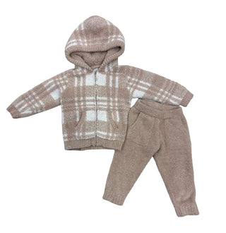 Barefoot Dreams Beige and White Plaid Fleece Set with Hooded Sweater and Sweatpants, 2-3 years