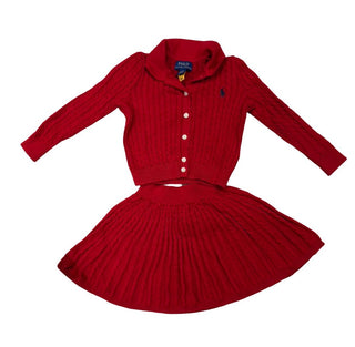 Polo Ralph Lauren Red Cable Knit Collared Ralph Lauren Cardigan with Skirt Set, 2 years