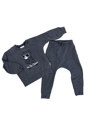 Hux Two piece charcoal grey sweatsuit set with bear in sunglasses, 5 years