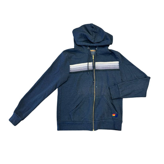 Aviator Nation Black Zip Up Sweater with Grey Tone Stripes, medium