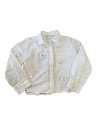 Zara White Cropped Button Down Shirt with Flower Details, 8-9 years
