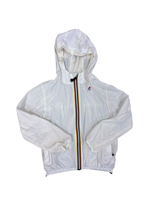 K-Way White zip up hooded jacket with blue, orange and yellow stripe, 8 years