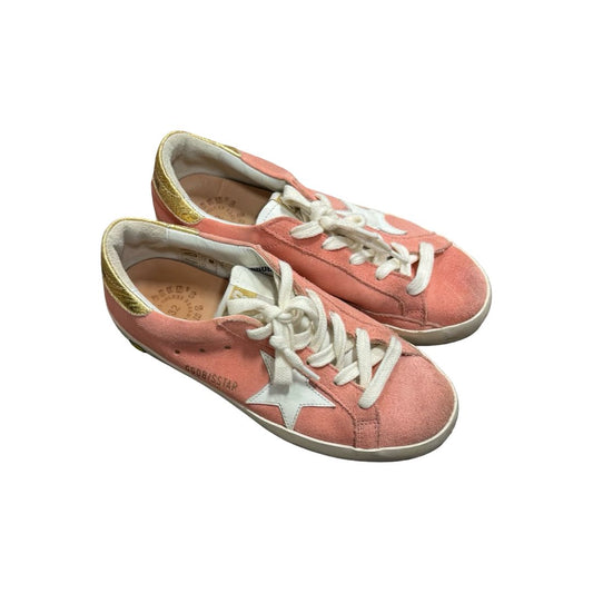 Golden Goose Kids Super Star Low Top Sneakers in Peach Pink Suede with White Star and Gold Heel Tab, eu 32