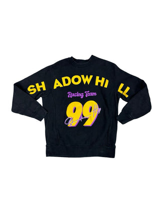 Shadow Hill Black Crewneck Sweatshirt with Yellow and Purple Racing Graphics, S