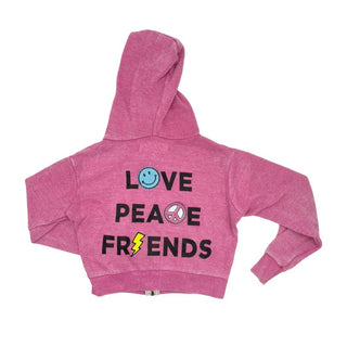 Vintage Havana Pink Hooded Zip Up Sweatshirt with Love Peace Friends on Back, 10-12 years