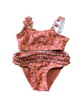 Rylee + Cru Rust Floral Bikini Set with Ruffles, 2-3 years