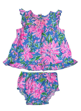 Lilly Pulitzer Pink and Blue Dress and Bloomers Set with Ruffle Details, 3-6 months