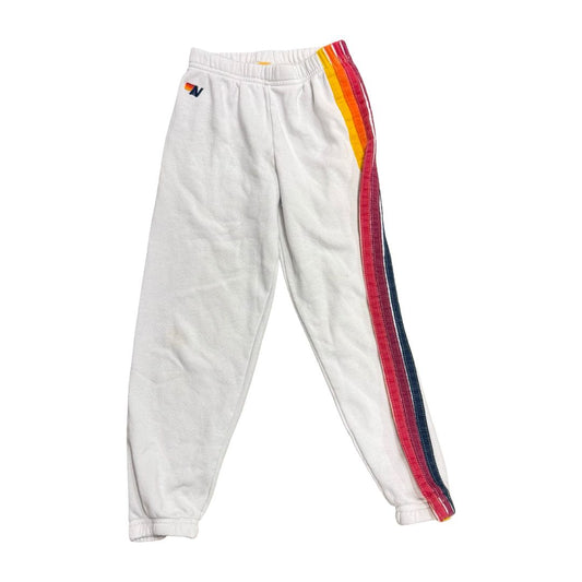 Aviator Nation White Sweatpants with Rainbow Stripes Down Leg, 8 years