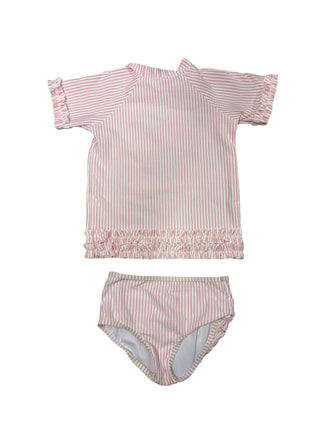 Ruffle Butts Two Piece Rashguard and Bottoms Swim Set in Pink Pinstripe with Ruffles, 6 years