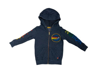 Aviator Nation Navy zip-up hoodie with surfer graphic, 4 years