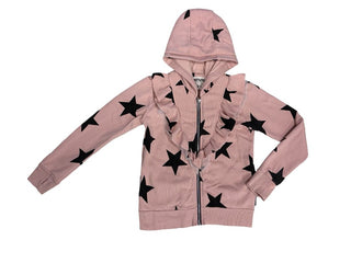 Nununu Pink and Black Star Pattern Zip Up Hoodie with Ruffle Detail, 6-7 years