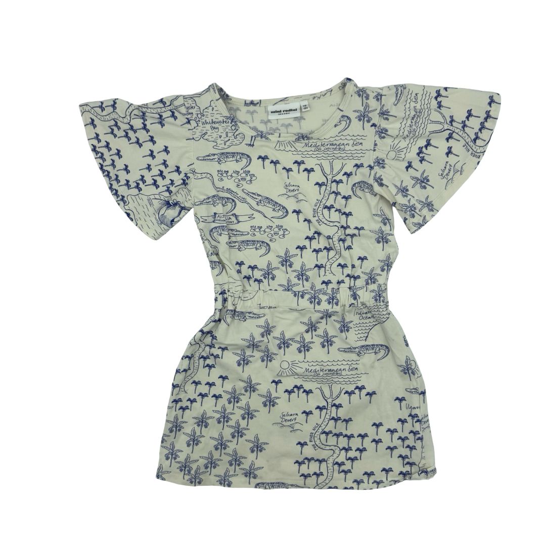 Mini Rodini white/blue dress w/small stain, 6-7 years