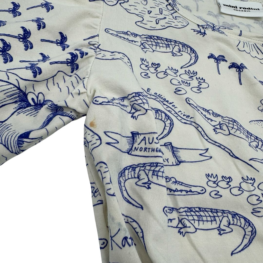 Mini Rodini white/blue dress w/small stain, 6-7 years