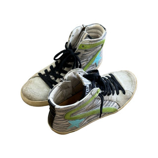 Golden Goose Slide High-Tops ft. Unique patterned upper with Vibrant Green and Blue Accents, eu 34