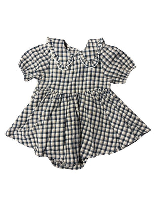 Rylee + Cru Cream, Blue and Beige Gingham Check Dress with Ruffle Collar Detail, 18-24 months
