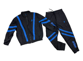 Prince Two piece warmup suit set, black with blue stripe details, 4-6 years