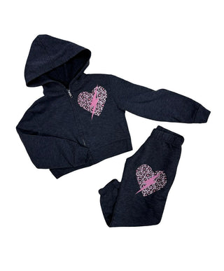 Firehouse Charcoal sweatsuit set with zip-up hoodie and pants, leopard heart and lightning bolt graphic, 2-3 years