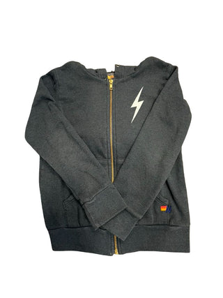 Aviator Nation Navy Hooded Zip Up with White Lightning Bold on Chest and Back, 10 years