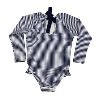 Minnow Blue and White Stripe Longsleeve Swimsuit with Bow Detail, 2 years