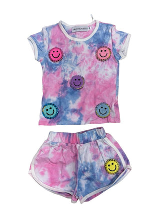 Mini Dreamers Tie dye tee and short set with smile and rhinestone patches, 2-3 years